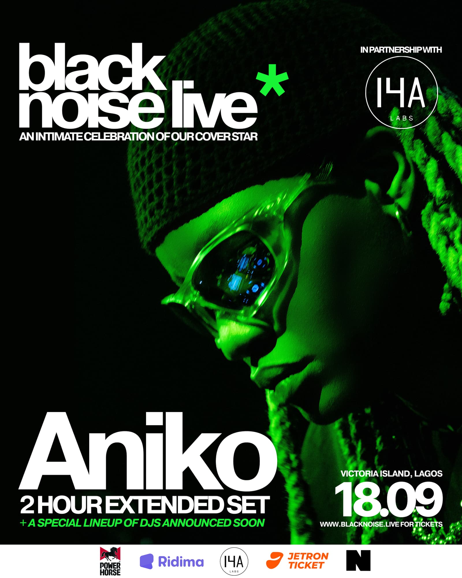 Black Noise Live event poster for Aniko's two-hour extended set in Victoria Island, Lagos, on 18 September